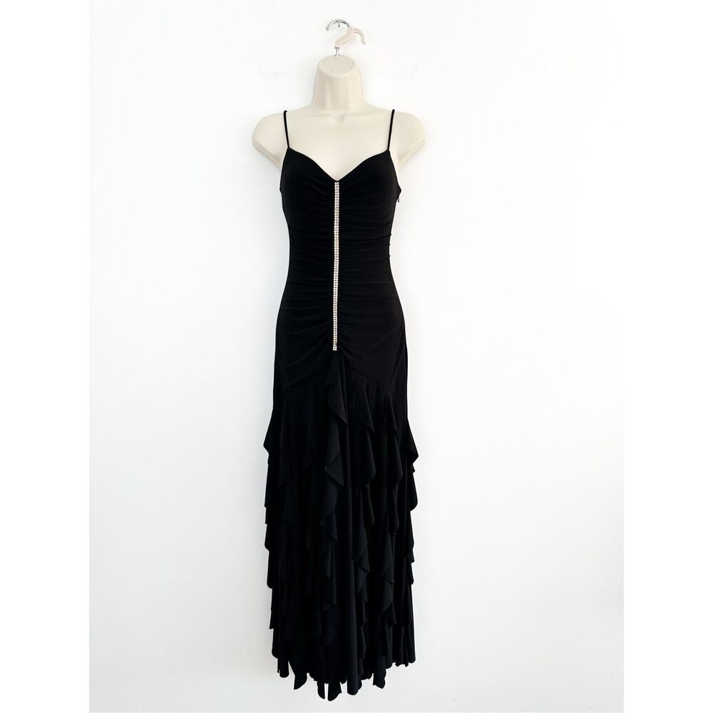 Scott McClintock Women’s Black Jersey Knit Spaghetti Strap Fitted Rhinestone Acc